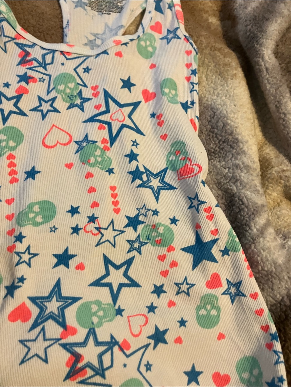 No Boundaries White Tank with Blue Stars, Mint Skulls & Pink Hearts